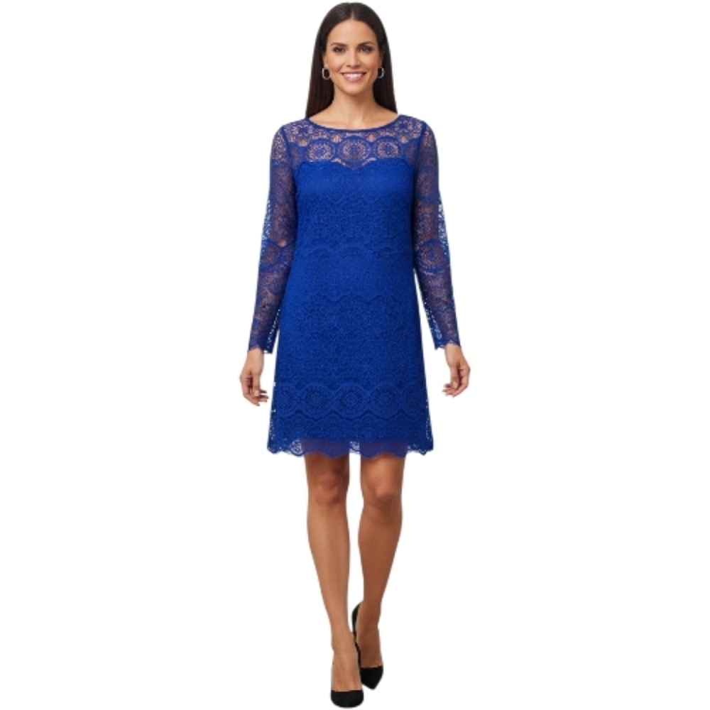 Max Studo Blue Lace Scalloped Fringe Hem Sheer Sleeves Lined Shift Mini Dress M